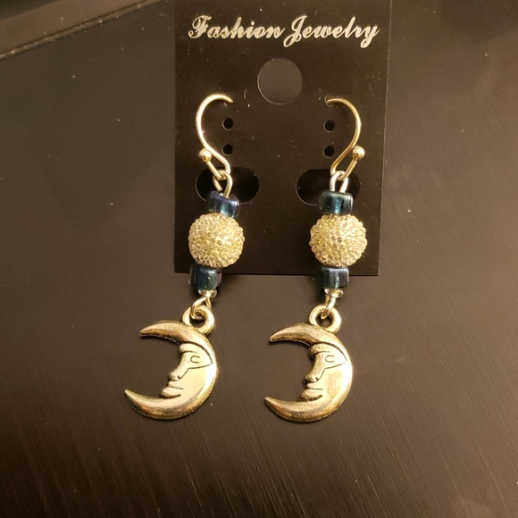 Jewelry - Blue Glass & Tibetan Silver Moon Earrings